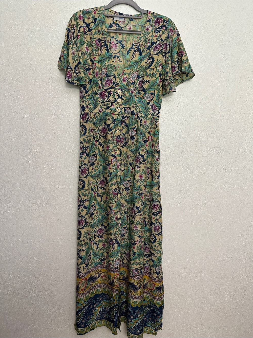 Shoreline Green Floral Maxi Dress with Navy & Pink Details